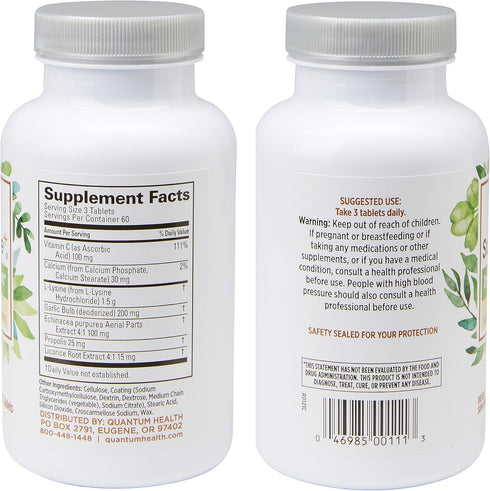 Quantum Health SuperLysine+ Advanced Formula Immune Support Supplement Lysine 1500 mg, Vitamin C Echinacea Licorice Bee Propolis & Odorless Garlic Daily Wellness Blend for Women & Men - 180 Tablets