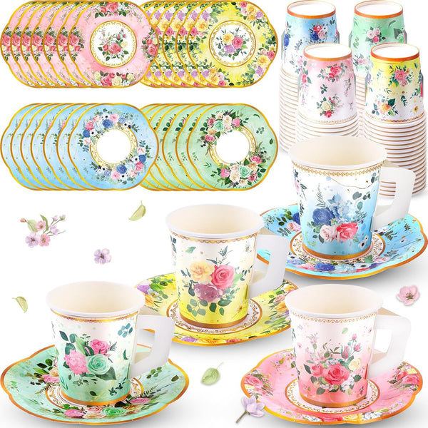 SUMMORO 160 Pcs Floral Paper Tea Cups and Saucers 7 OZ Disposable Paper