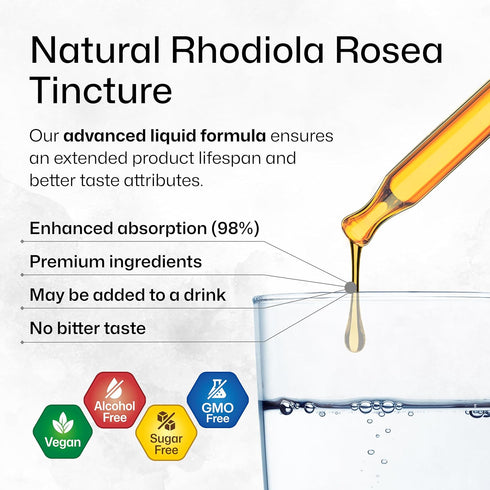 Organic Rhodiola Rosea Liquid Supplement - Vegan Adaptogenic Drops for Mood & Brain Support - Alcohol & Sugar Free, 4