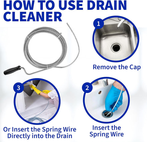 Professional Slow Drain Cleaner, 10-Foot Metal Snake for Hair, Food, Debris Removal from Pipes, Plumber Tools