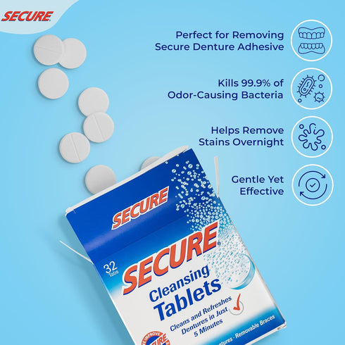 Secure Daily Cleansing Tablets - pH 9 Formula for Dentures, Nightguards, Retainers & Partials - 32 Tablets (2-Pack)