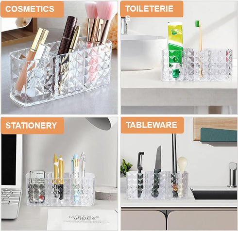 KNC 3 Compartment Acrylic Cosmetic Brushes Storage, Makeup Brush Holder Organizer for Bathroom Vanity and More