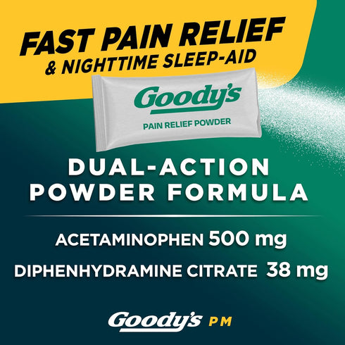Goody's PM Nighttime Powder, Acetaminophen 500mg, Dissolve Packs for Pain with Sleeplessness, 12 Pack
