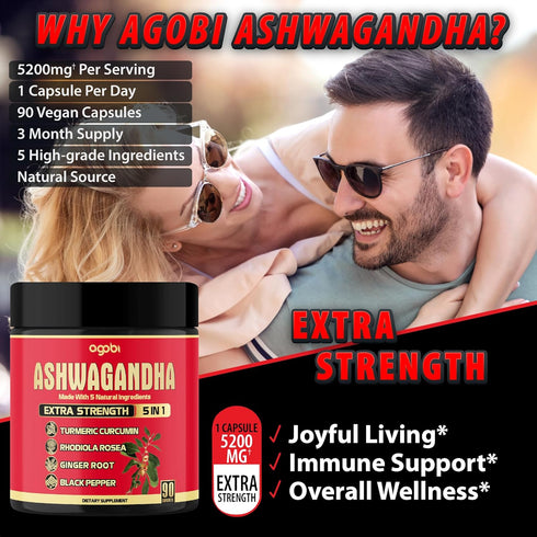 12:1 Extract Ashwagandha Capsule Supplement - 90 Counts, 3-Month Supply with Curcumin Turmeric Root & Black Pepper