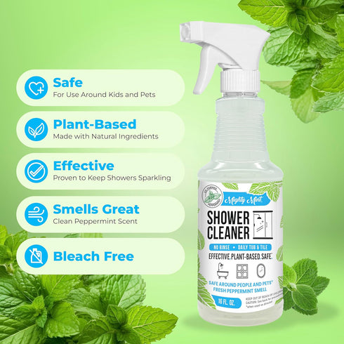 Mighty Mint Shower Cleaner - Non-Toxic, No-Rinse, No-Scrub Daily Spray for Glass, Tile, Grout, 16oz Natural Peppermint