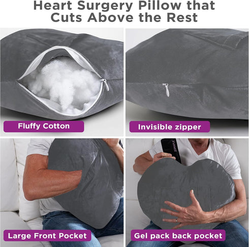 Pack, Zomaple Open Heart Surgery Pillow + Gel Grey Eases Chest Pressure for Calmer Rides & Rest Hot/Cold Comfort, Torso