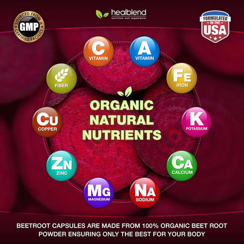 healblend Organic Nitric Oxide Beet Root Capsules 1300mg - Nitric Oxide Booster, Support Immune System - 120 Count