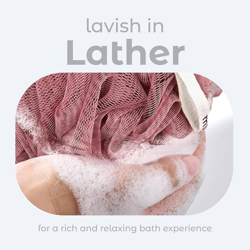 MainBasics Bath Shower Loofah Sponge Pouf, Body Scrubber Exfoliator Body Wash Sponge (Set of 3, Coral Reef)