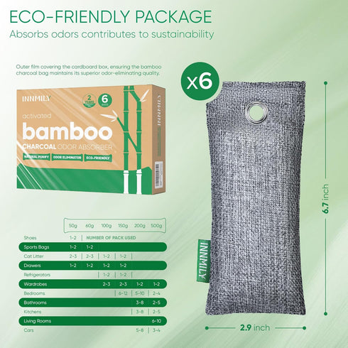 Activated Charcoal Odor Absorber, 6 x 50g Bamboo Charcoal Air Purifying Bags for Strong Odor Deodorization