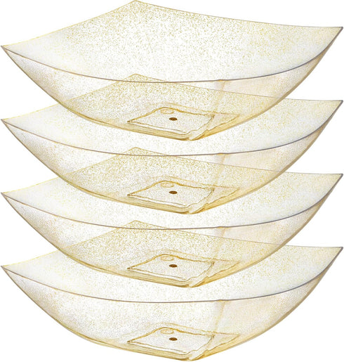 Posh Setting Square Plastic Serving Bowls, Medium Gold Glitter Disposable Party Snack Bowls, 4 Pack Heavy Duty for