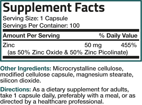 Bronson Zinc 50mg Complex (Zinc Oxide & Zinc Picolinate) High Potency Immune Support Supplement, 100 Vegetarian Capsules