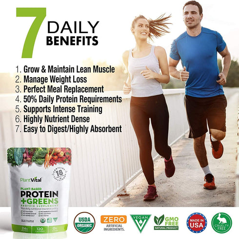 Plantvital Organic Vegan Protein Powder, Unflavored, 18 Superfoods, 16oz Pouch, Gluten Free