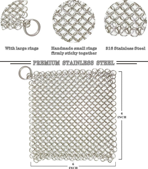Cast Iron Scrubber 6 Inch Stainless Steel Cleaner - Household Chain Scrubber for Cast Iron Pans, Skillet, Wok, Pot