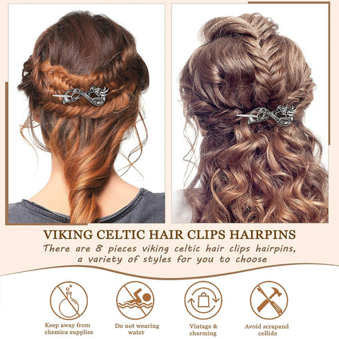 WILLBOND 8 Pcs Viking Celtic Hair Clips Vintage Knot Hair Sticks, Retro Silver Alloy Barrette Jewelry Accessories for