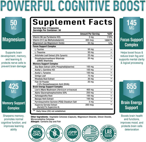 Premium Brain Supplement - Nootropic Brain Booster for Focus, Clarity, Improved Memory, Concentration & Better Mood - w/ Alpha-GPC, Lion’s Mane, Ginkgo Biloba & Bacopa Monnieri - 60 Caps