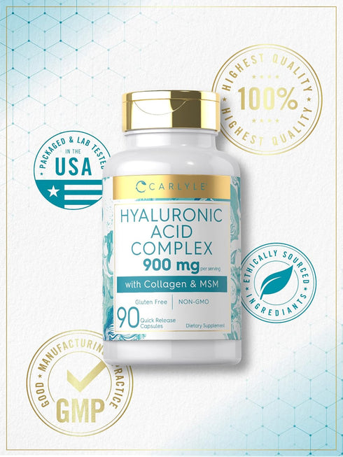 Carlyle Hyaluronic Acid 900mg with Collagen | 90 Capsules | Hydrolyzed Collagen Complex, MSM | Non-GMO, Gluten Free