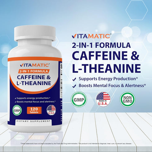 Vitamatic L-Theanine 200mg with Caffeine 100mg, 120 Vegetarian Tablets Nootropic Supplement for Focused Energy & Clarity