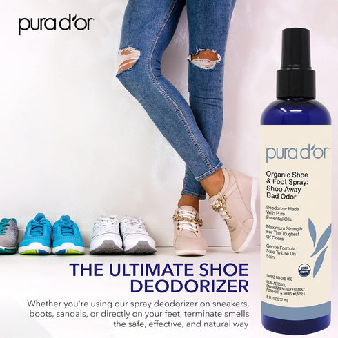 PURA D'OR Organic Shoe & Foot Odor Eliminator Spray, 8oz Deodorizes with Eucalyptus, Peppermint, Tea Tree Oil