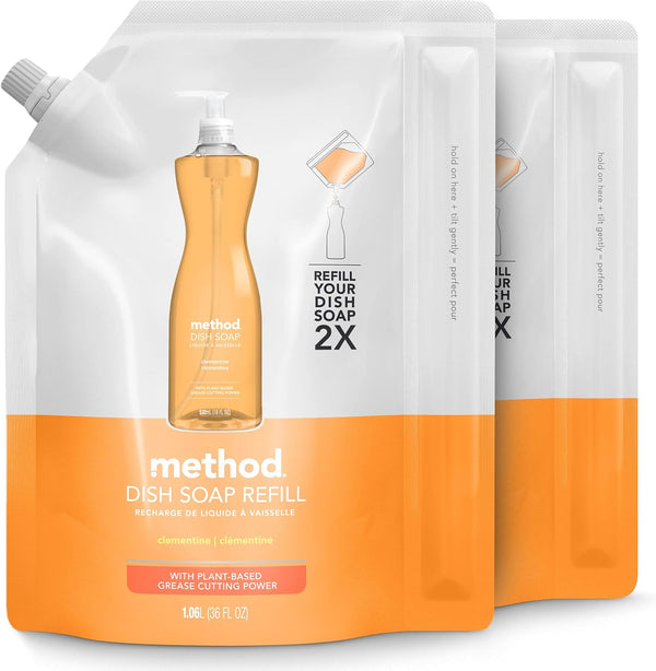 Method Liquid Dish Soap Refill, Plant-Based Clementine Scent, 1.06 Liter Bags, 2 Pack, Tough Grease Cleaner