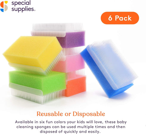 Special Supplies Baby Bath Sponges (6 Pack) - Soft Foam Sensory Scrubber with Cradle Cap Brush for Infant, Toddler Skin