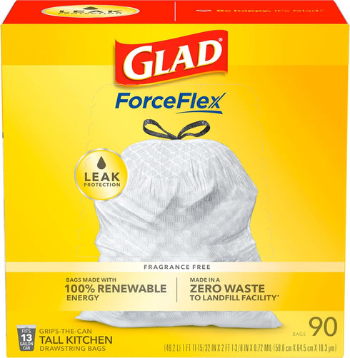 Glad Trash Bags, ForceFlex Tall Kitchen Drawstring Garbage Bags, White, 13 Gallon, 90 Count (Package May Vary)
