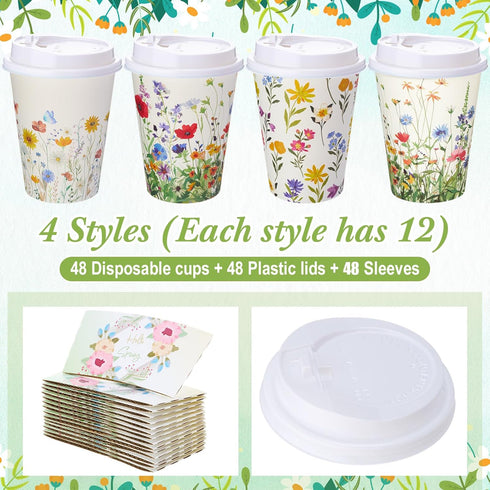 LemonRoad 48 Sets 12 oz 4 Wildflower Paper Disposable Coffee Cups with Lid, Sleeves, Color Spring Cute Flower Designs