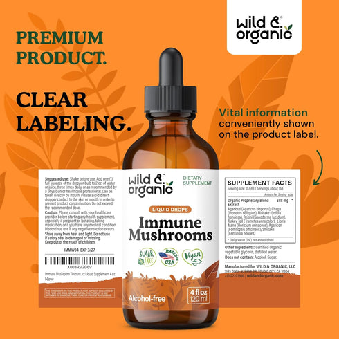 Immune 8-in-1 Immune 4 oz Wild & Organic Mushroom Tincture - Support with Chaga, Reishi, Turkey Tail, Lions Mane