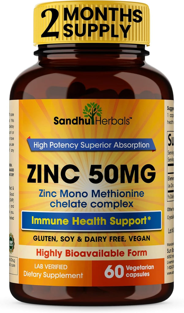 Sandhu Herbals Zinc 50mg Supplement for Men & Women | 60 Capsules | High Absorption Zinc Monomethionine