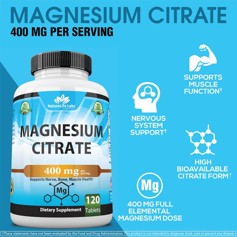 Magnesium Citrate 400 mg - Essential Mineral for Heart, Muscle, & Digestion Support - Non-GMO - 120 Tablets High Potency