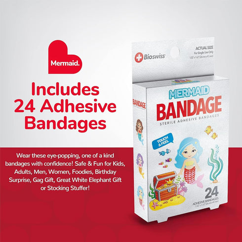 BioSwiss Mermaid Shaped Bandages, Self Adhesive Latex Free Sterile Wound Care, Fun First Aid Kit for Kids, 24 Count