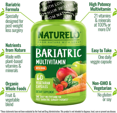 NATURELO Bariatric Multivitamin, One Daily with Iron for Post Gastric Bypass Surgery - 120 Veggie Capsules