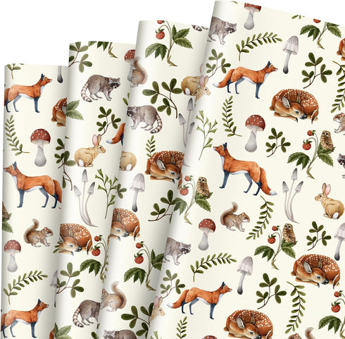 AnyDesign Woodland Wrapping Paper 28'' x 40'', Vintage Forest Animal Plant Gift Wrap Paper for Birthday Baby Shower