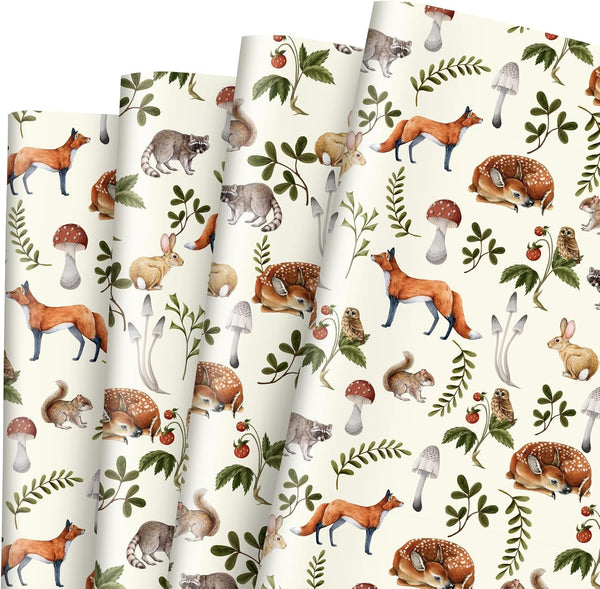 AnyDesign Woodland Wrapping Paper 28'' x 40'', Vintage Forest Animal Plant Gift Wrap Paper for Birthday Baby Shower