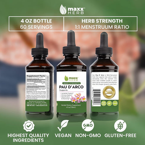 Immune 4 Oz (60 Maxx Herb PAU D'Arco Tincture - Max Strength PAU D Arco Extract for Support, Taheebo Tea Inner Bark