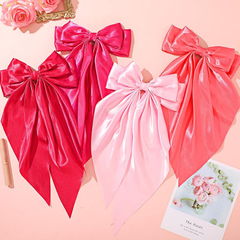 Large Pink Oversized Hair Bows, 4 Pack Satin Ribbons and Long Tail Barrettes for Women Girls