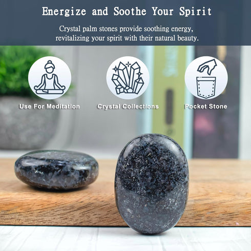 Indigo Gabbro Palm Stone, Large Oval Worry Stone for Chakra Healing, Hand Carved Pocket Massage Stone (55-60mm)