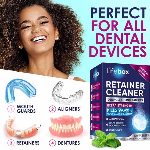 Retainer Cleaner Tablets, Denture Cleaning Tablets, Aligner Cleaner - 120 Tablets, Mint Flavor, Kills 99.9% of Bacteria