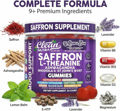 Gummies Gummy AuraZen Mood Support Saffron L-Theanine Ashwagandha Rhodiola St John's Wort Lions Mane GABA Vitamin D