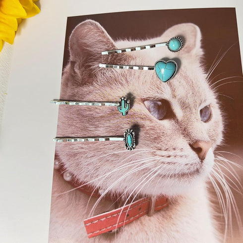 Western Style Hair Bobby Pins, 4 Pcs Women's Turquoise Howlite Stone Hair Clip Cowgirl Chic Retro Accessories
