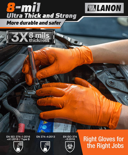 LANON 8mil Orange Disposable Nitrile Gloves, Mechanic, Heavy Duty, Food Safe, Latex Free, XL