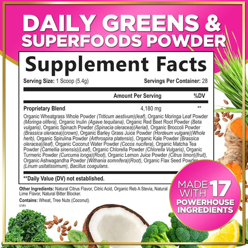 Green Powder Superfood, Organic Super Greens Powder Juice & Smoothie Drink Mix, Gut Health & Bloating Support, Probiotics, Spirulina, Chlorella & Beet Root for Digestive & Energy Support - 28 Servings