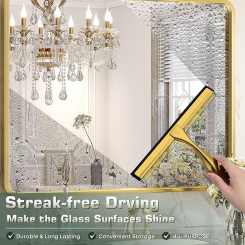 Stainless Steel Shower Squeegee for Glass Door, 10 Inch Clear with 3 Adhesive Hooks for Bathroom