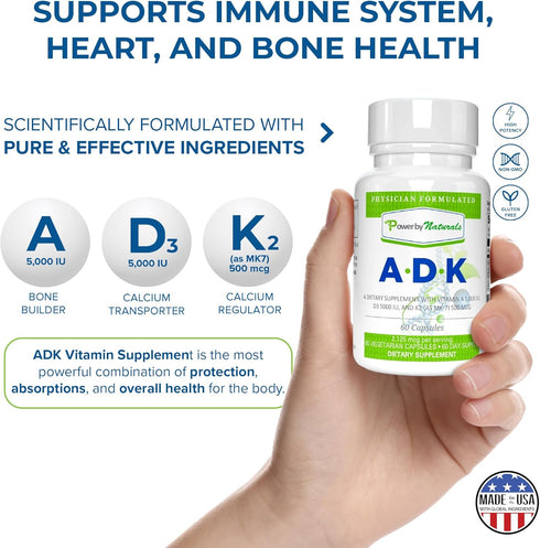 Power By Naturals ADK Vitamin Supplement - 60 Capsules for Bone, Heart & Immune Health