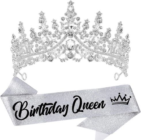 VELSCRUN Birthday Queen Tiara Crowns - Crystal Headband and Sash for Women Girls Birthday Party Decorations
