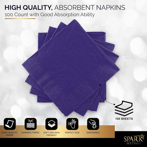 100 Pack Purple Beverage Napkins, 2 Ply Big Party Pack for Wedding, Birthday, Dinner, Lunch, Cocktails