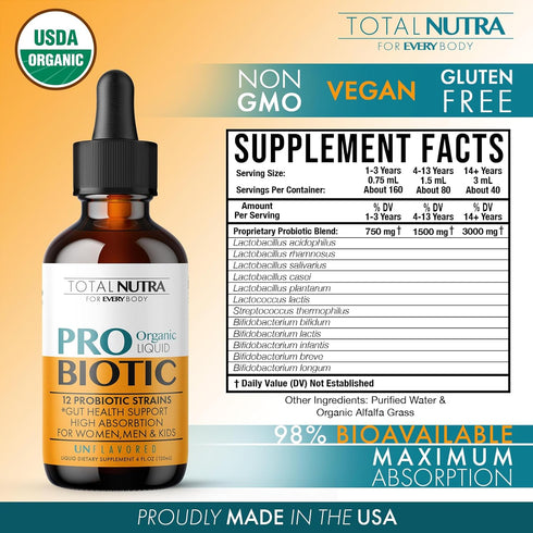 Liquid Probiotic for Women, Men & Kids, USDA Organic Acidophilus Probiotic Liquid & Alfalfa Blend