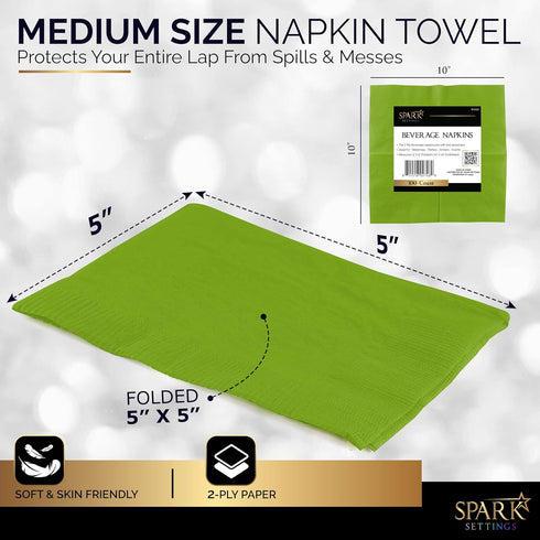 100 Pack Kiwi Green Beverage Napkins, 2 Ply Big Party Pack, Ideal for Wedding, Party, Birthday, 5” x 5”