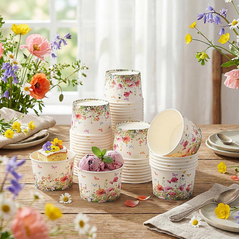 Maxdot 50 9oz Pcs Wildflower Ice Cream Paper Cups Spring Disposable Snack Cups Decorative Butterfly Paper Dessert Bowls