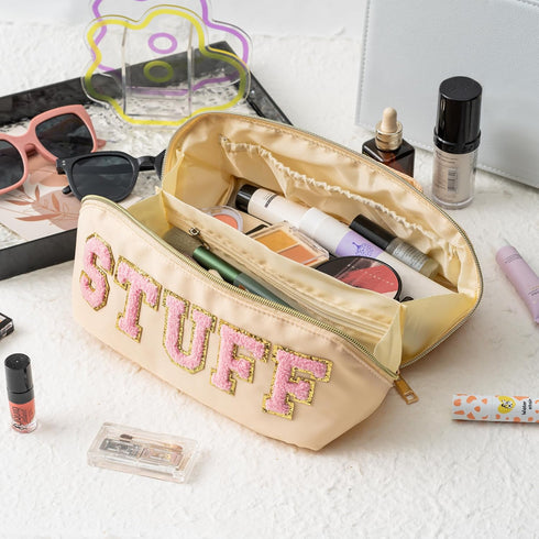 Y1tvei Large Capacity Travel Makeup Bag, Nylon Stony Clover Makeup Bag, Preppy Patch Pink Stuff Chenille Letter Pouch