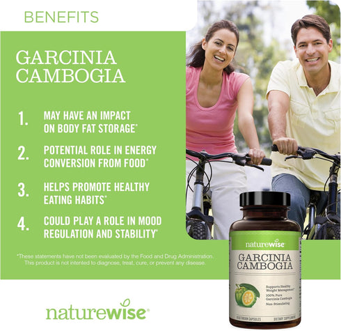Naturewise Garcinia Cambogia - 60% HCA Extract, Natural Support for Weight Goals, Energy Levels - Vegan, Non-GMO,